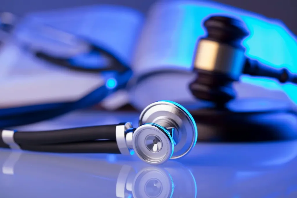 Picture of a stethoscope and gavel for the blog what you should know about a medical malpractice lawsuit.